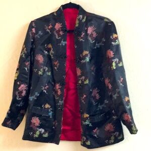 Vintage Solz Squirrel Satin REVERSIBLE Floral Asian Jacket Black Red Medium